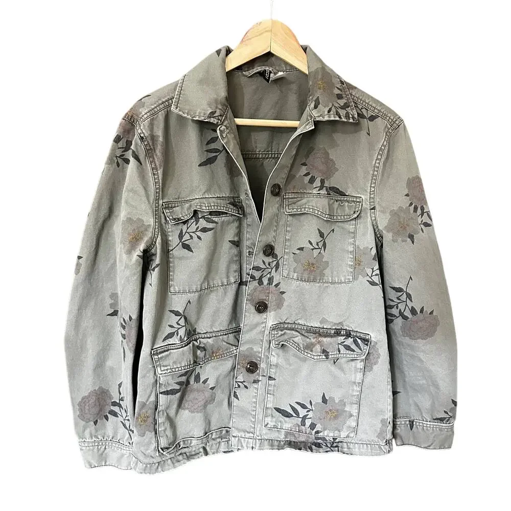 H&M Divided Green Floral Utility Jacket Y2K Women Size 4 Button Front‎